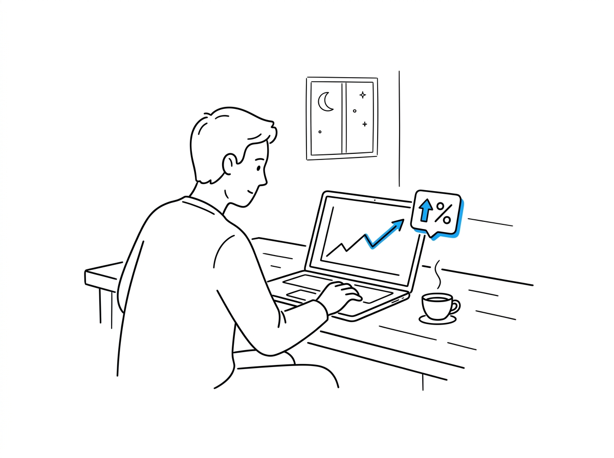 Founder at a laptop at night reviewing an upward growth chart
