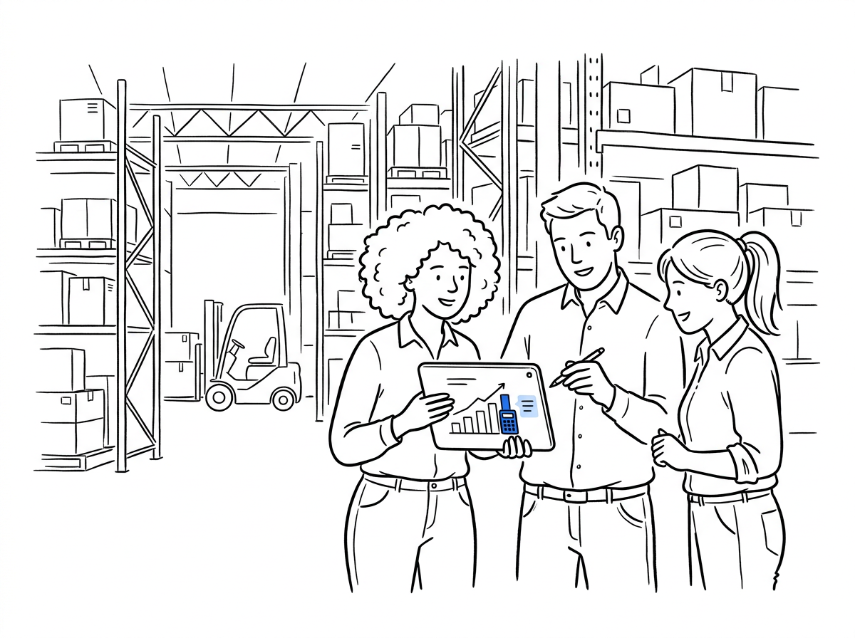 Small ecommerce team reviewing a growth-rate calculator projection on a tablet in a warehouse