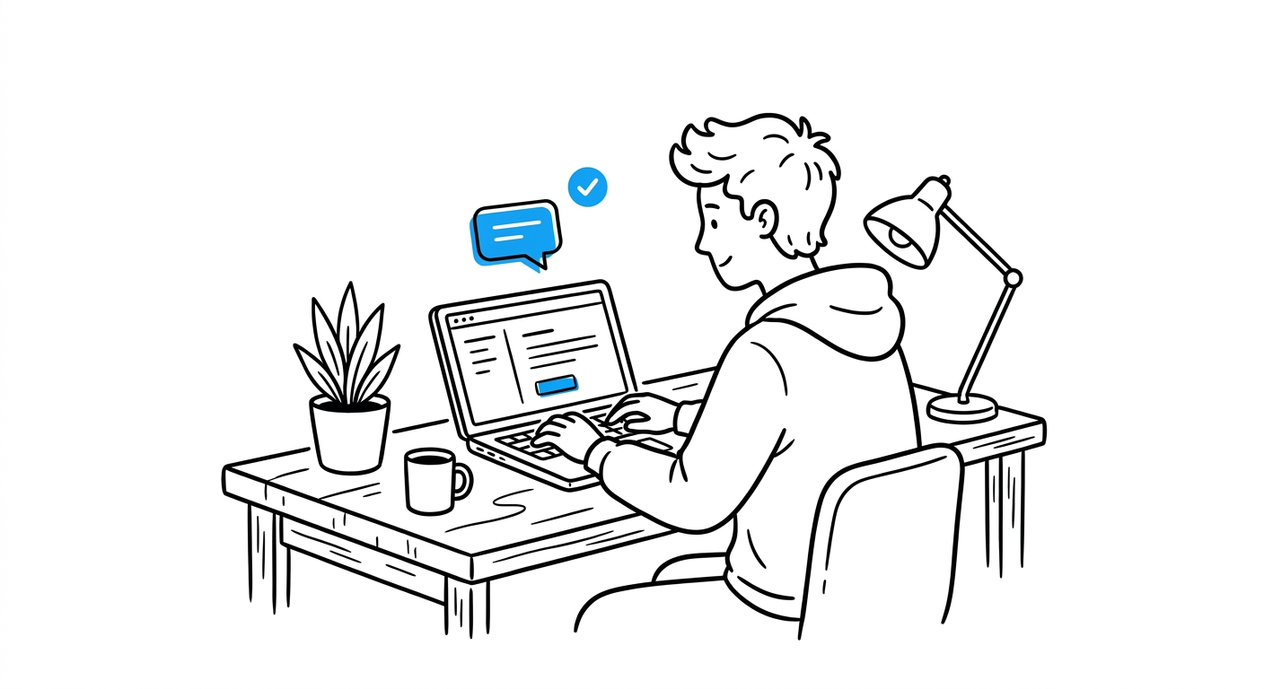 A freelance developer at a desk building an app, a small WhatsApp-style chat bubble icon and a blue checkmark floating above the laptop screen