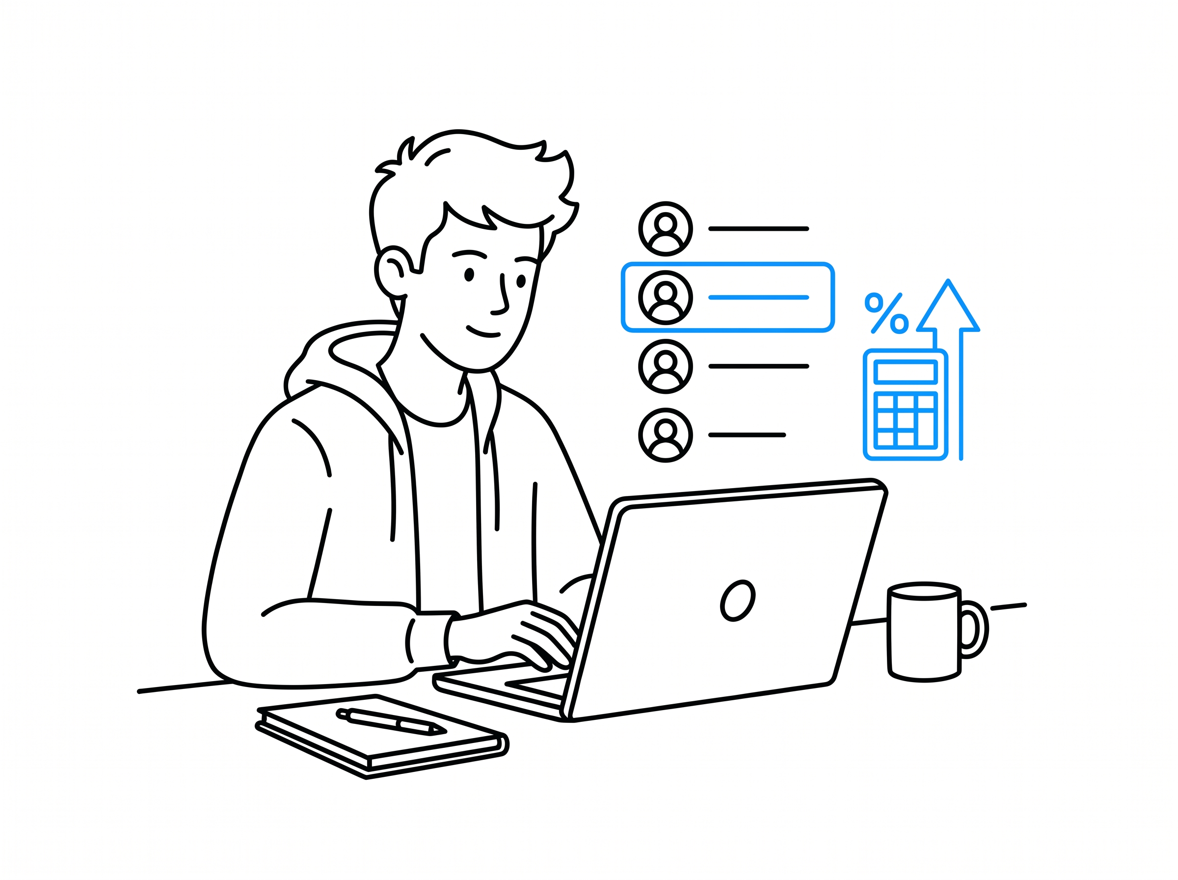 Marketer at a laptop reviewing a creator discovery leaderboard and a growth-rate calculator, both highlighted in brand blue