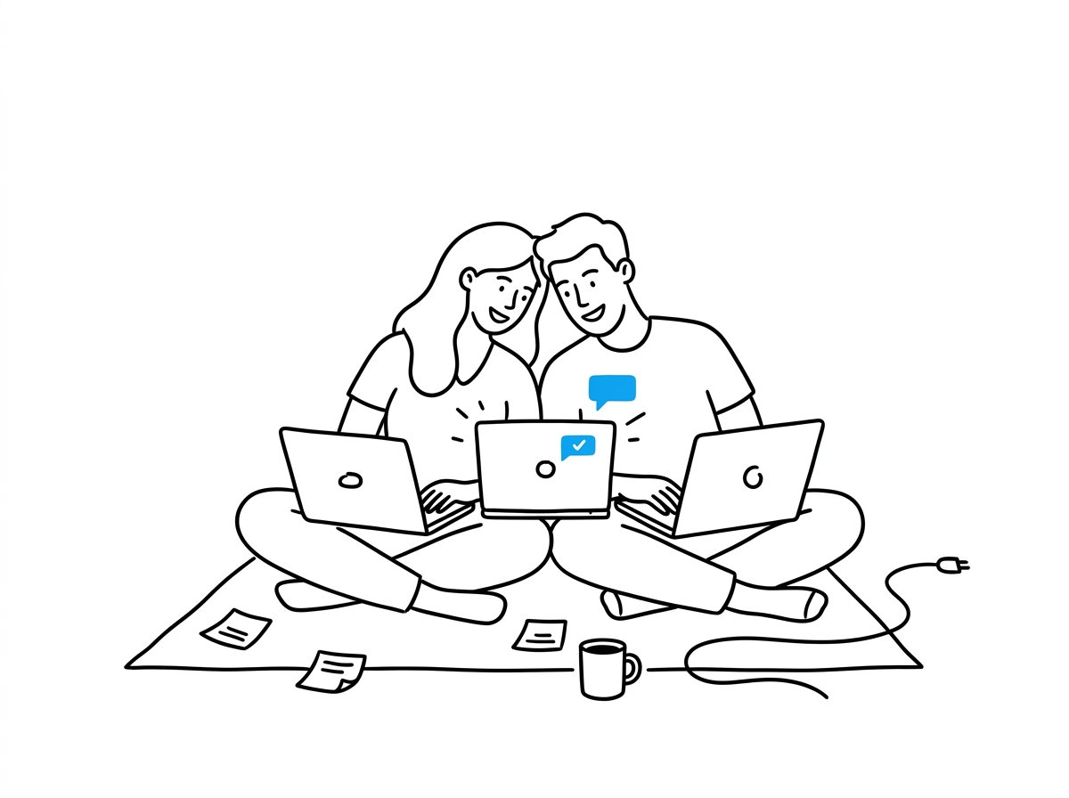 Two people sit together with laptops in a small apartment, leaning in and smiling at the screen during a late-night build session