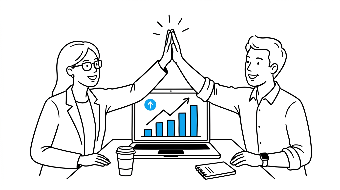 Two founders celebrating a rising revenue chart after month one