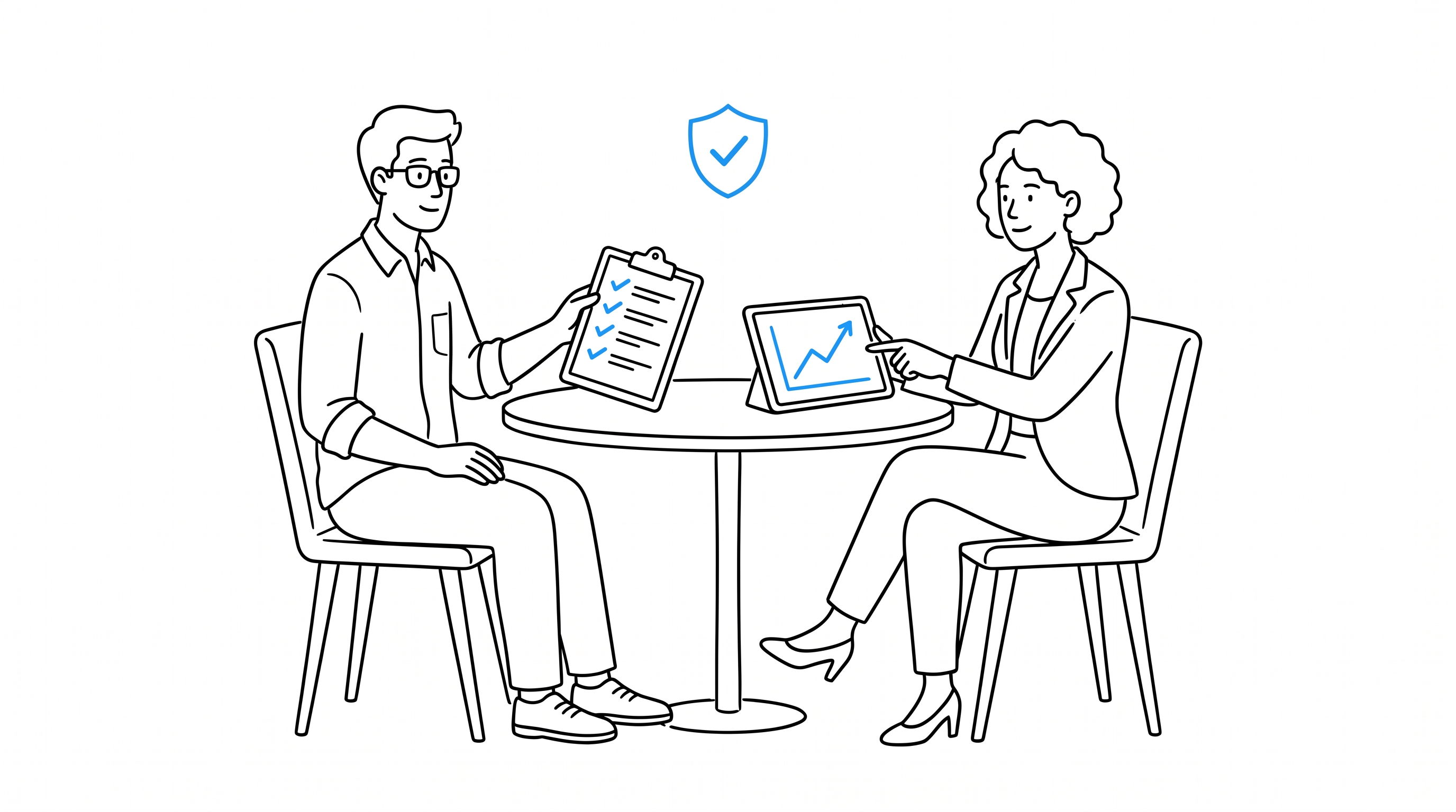 Two colleagues review a checklist and a growth chart together at a table, with a shield checkmark icon above them