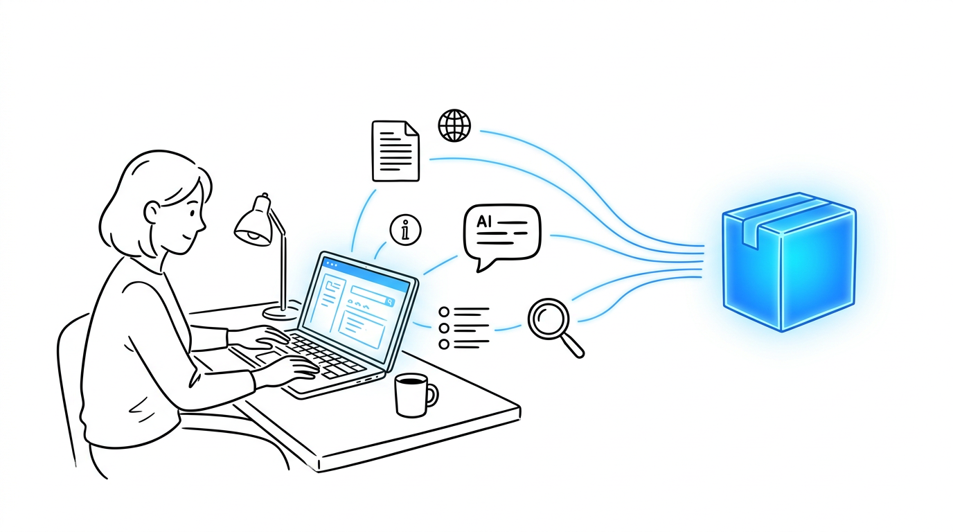 Woman at a laptop with icons for search results, an AI chat bubble, and a magnifying glass connected by blue lines converging on a glowing blue product box, representing GEO and AI search visibility