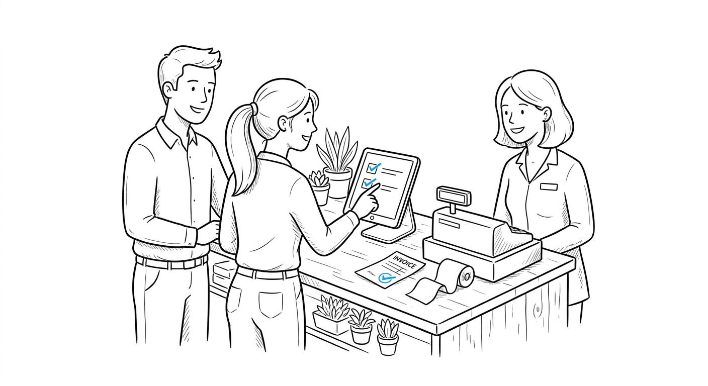 Three small business team members review a short checklist with blue checkmarks at a shop counter