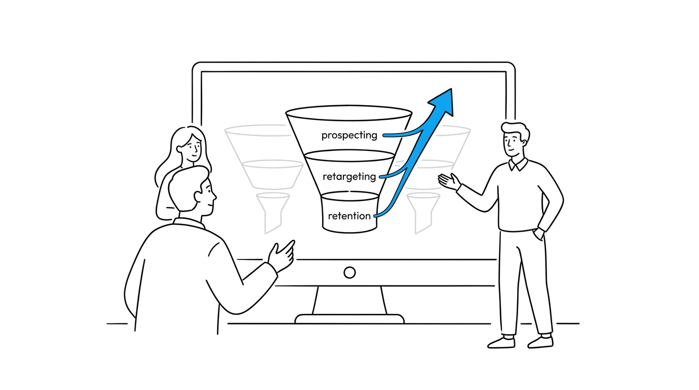 Two colleagues reviewing a unified marketing funnel diagram merging prospecting, retargeting, and retention