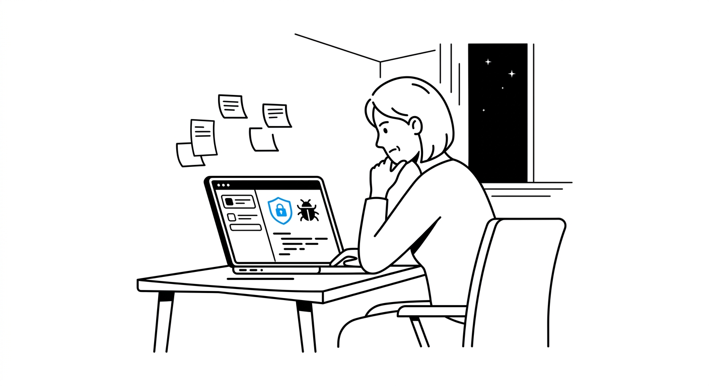 Developer looking concerned at a laptop showing a security shield and bug icon