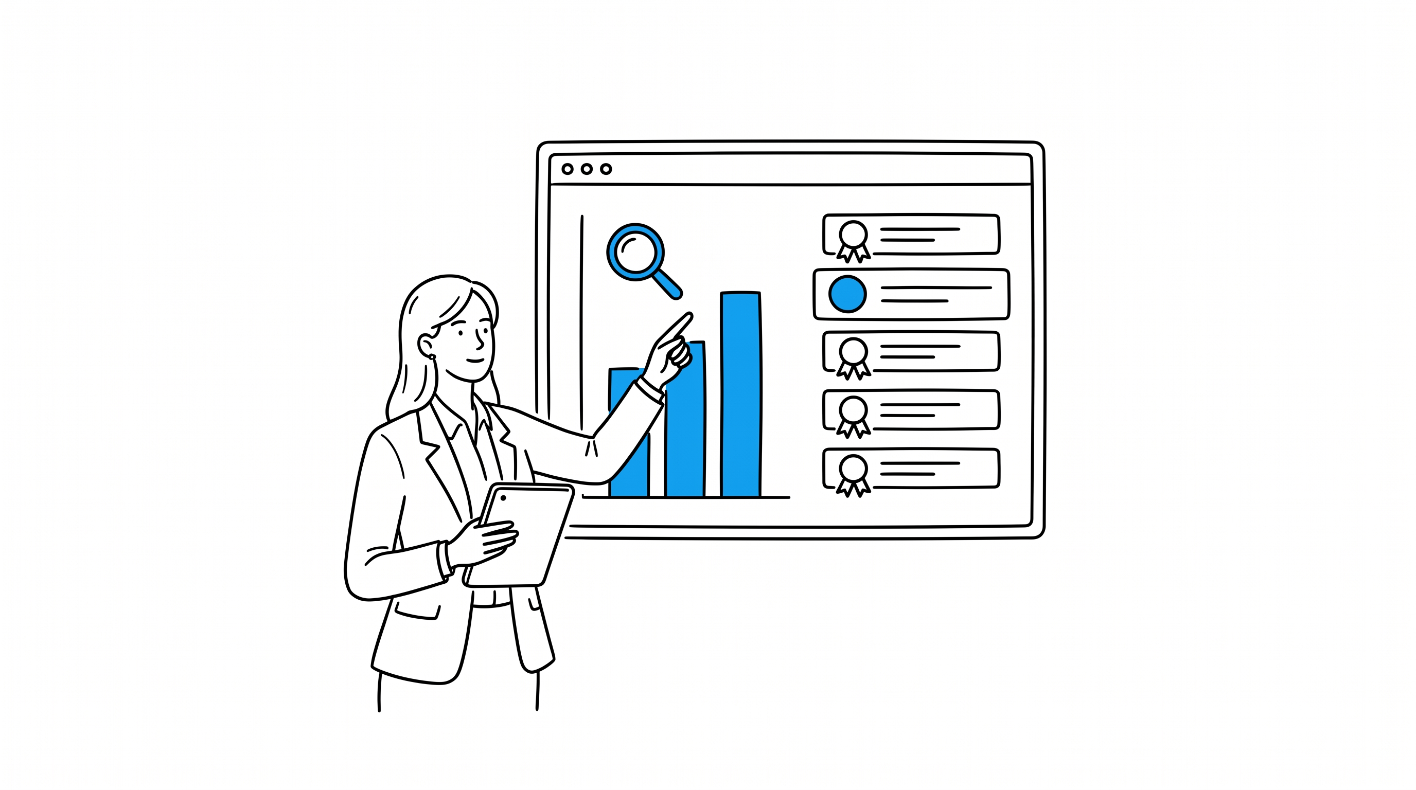 A growth operator points at a dashboard showing search rankings and a bar chart of visibility data