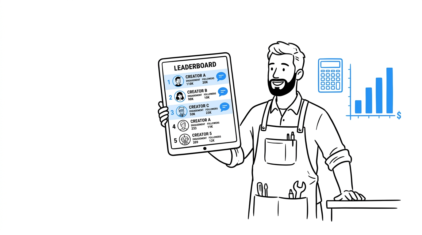 A small business owner reviews a creator leaderboard on a tablet next to a margin calculator icon