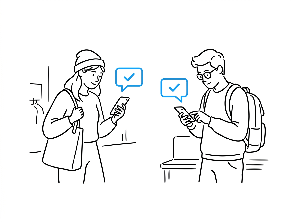 Two shoppers on their phones chatting with an AI support widget, blue chat bubbles showing a resolved order question