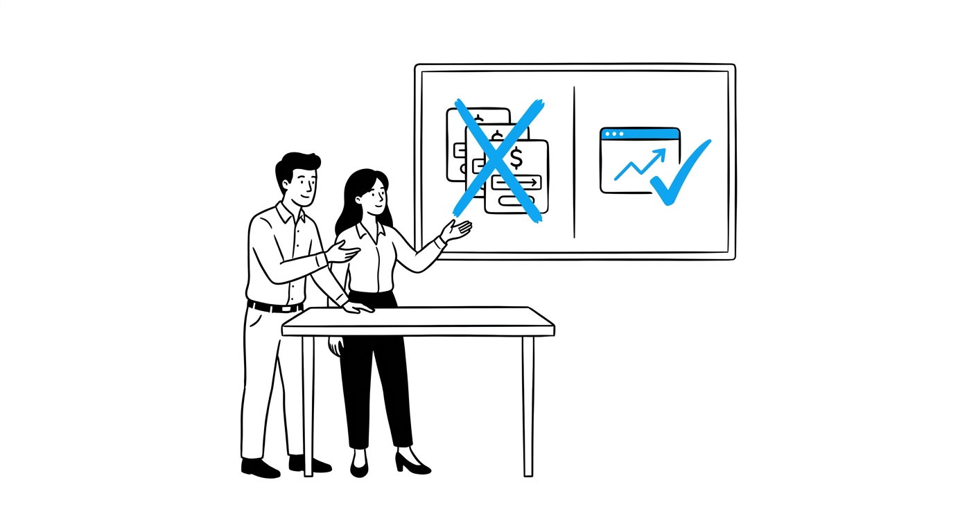 Two small business coworkers compare a stack of subscription bills against one custom app with a rising blue line and checkmark