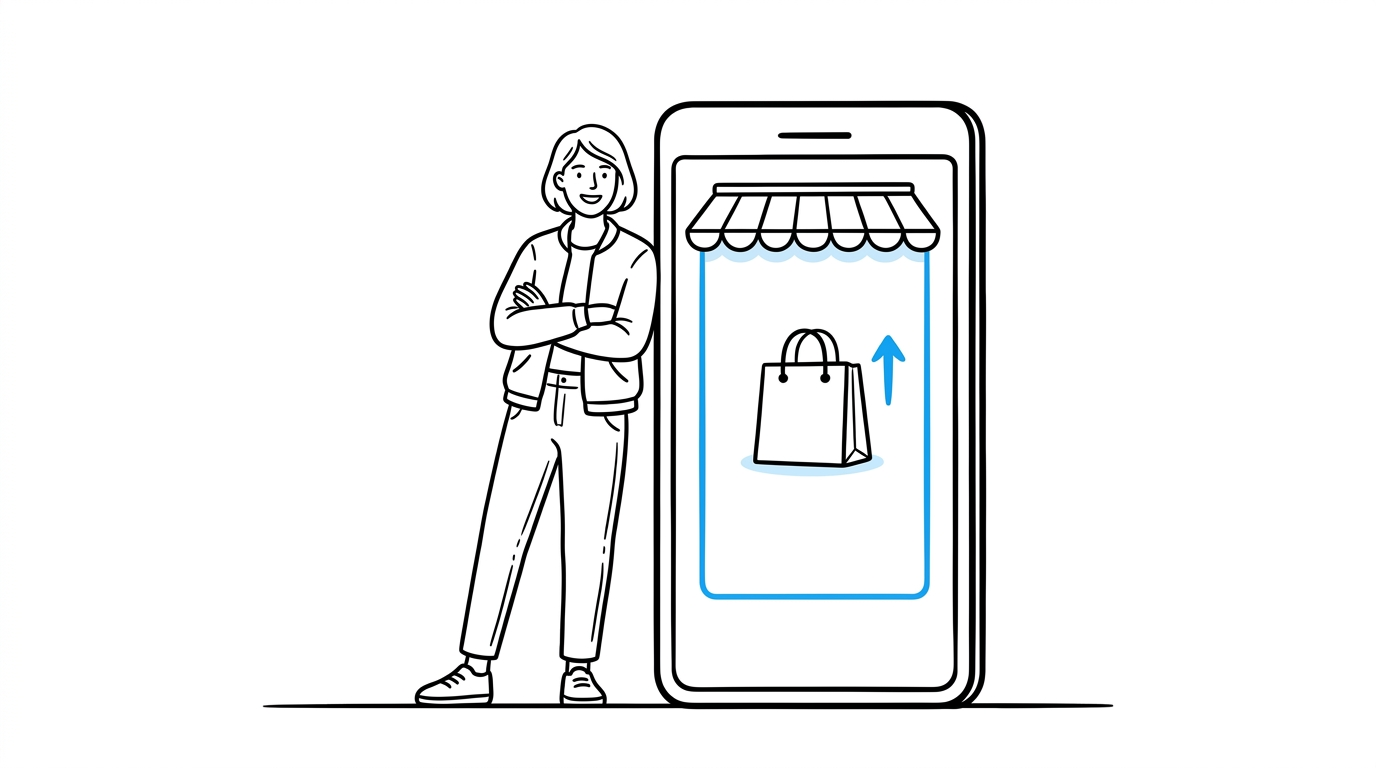 A founder stands beside a launched storefront app on a phone screen