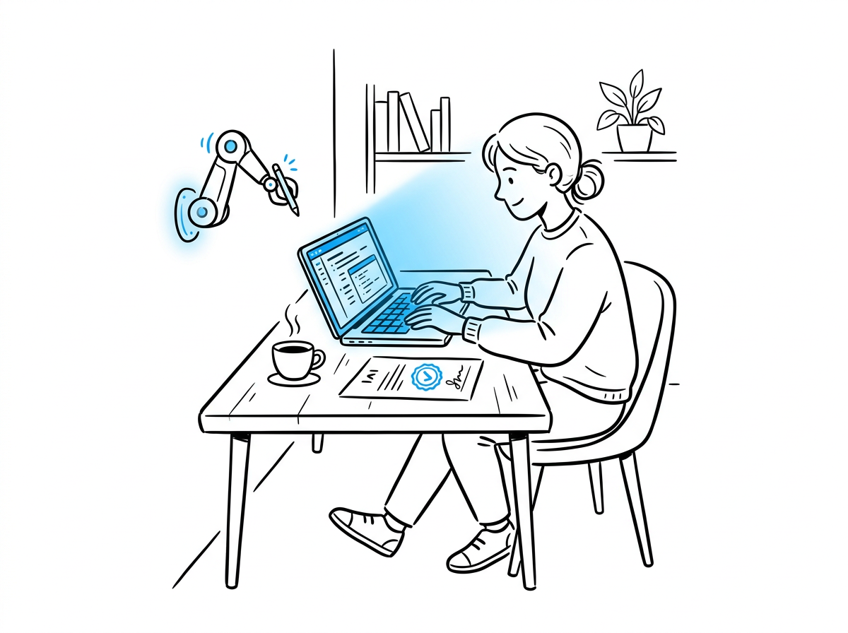 Solo founder working late at a desk with a signed contract and a laptop