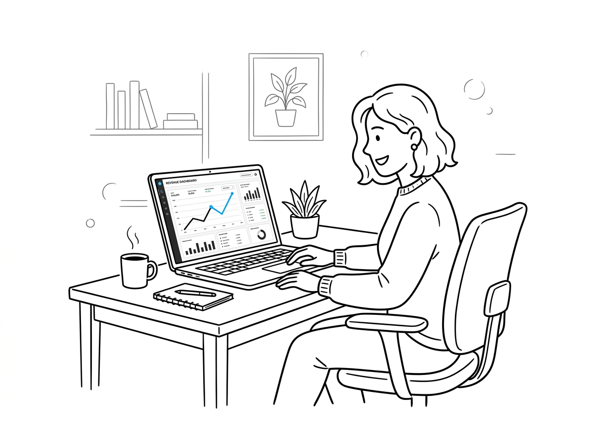 Ecommerce store owner at a laptop reviewing an AI chatbot revenue dashboard, a rising sales chart highlighted in blue