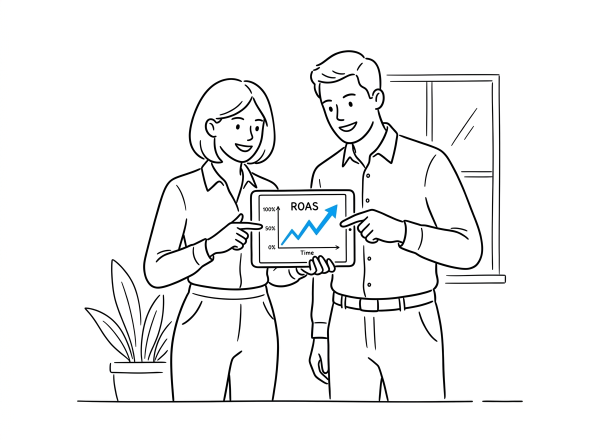 Two coworkers reviewing a rising ROAS chart together on a tablet