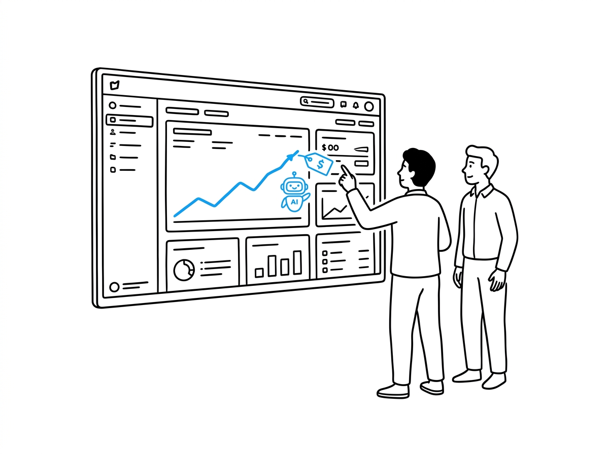 Two ecommerce teammates reviewing an AI pricing dashboard with a rising growth line