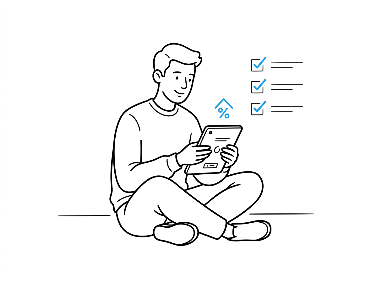 A man sitting cross-legged reviewing a simple checklist and growth percentage on a tablet