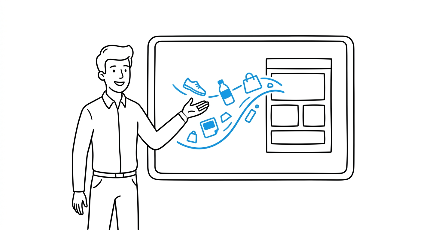 A person presenting a live product feed flowing into a campaign layout on a screen, with product icons and flow lines highlighted in blue