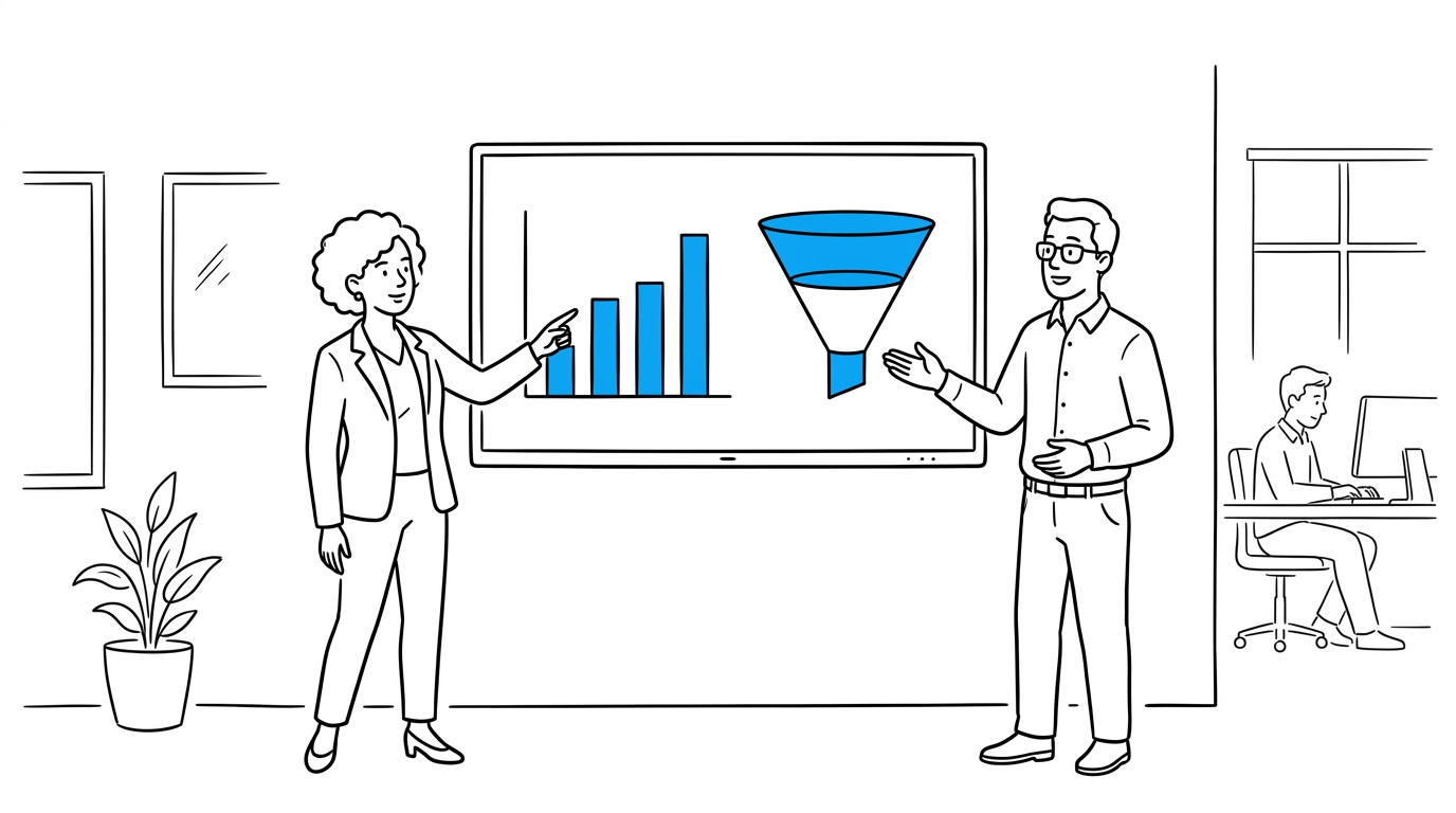 Colleagues reviewing a growth chart and conversion funnel on a screen