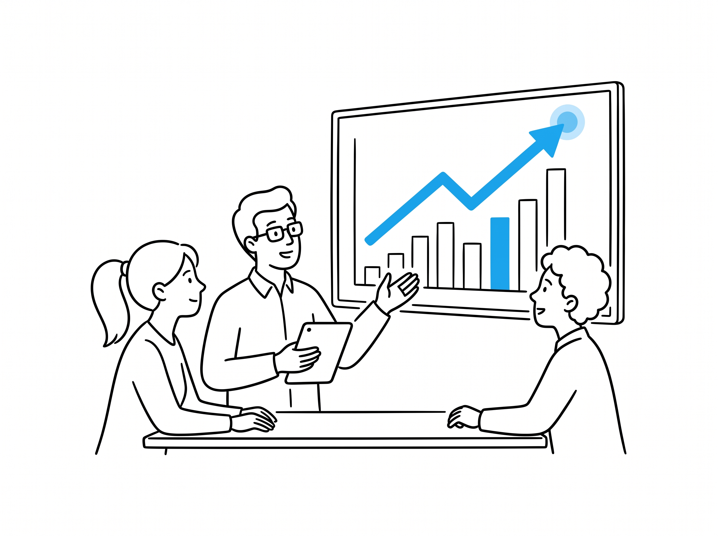 A small ecommerce team standing together looking at a wall-mounted growth chart with an upward line, black line art on white with blue accent