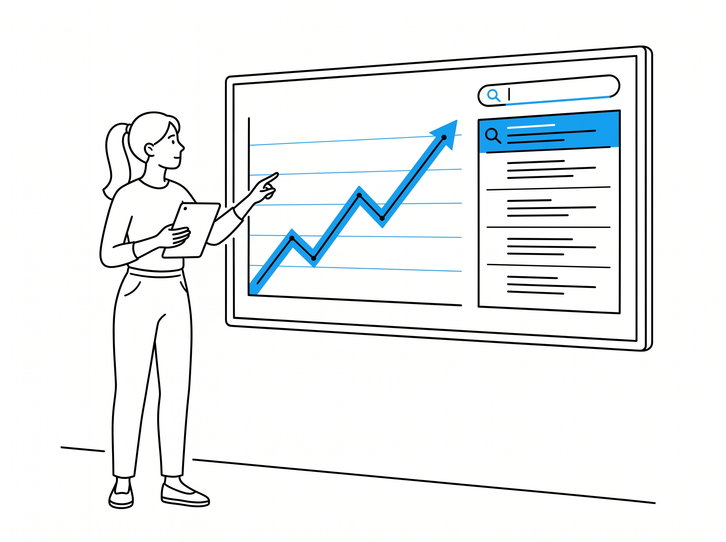 Operator pointing at a dashboard showing a rising traffic chart next to search ranking results