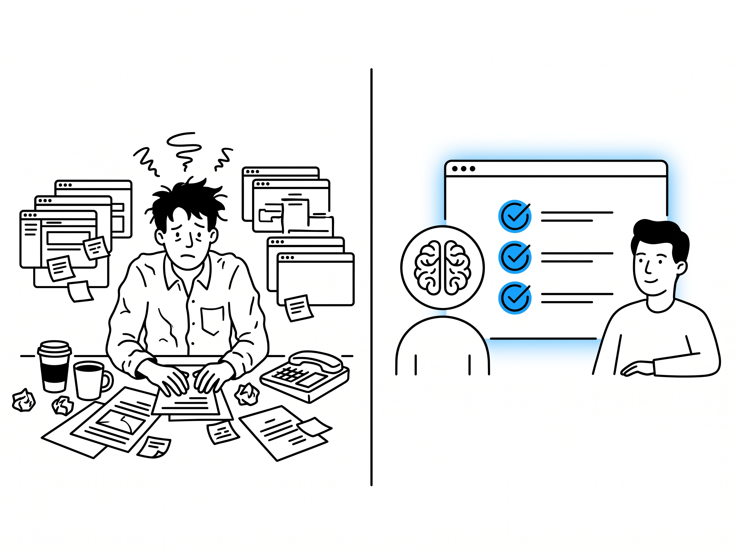 Split scene contrasting a stressed human sales rep with a calm AI sales agent guiding a customer through a simple checklist