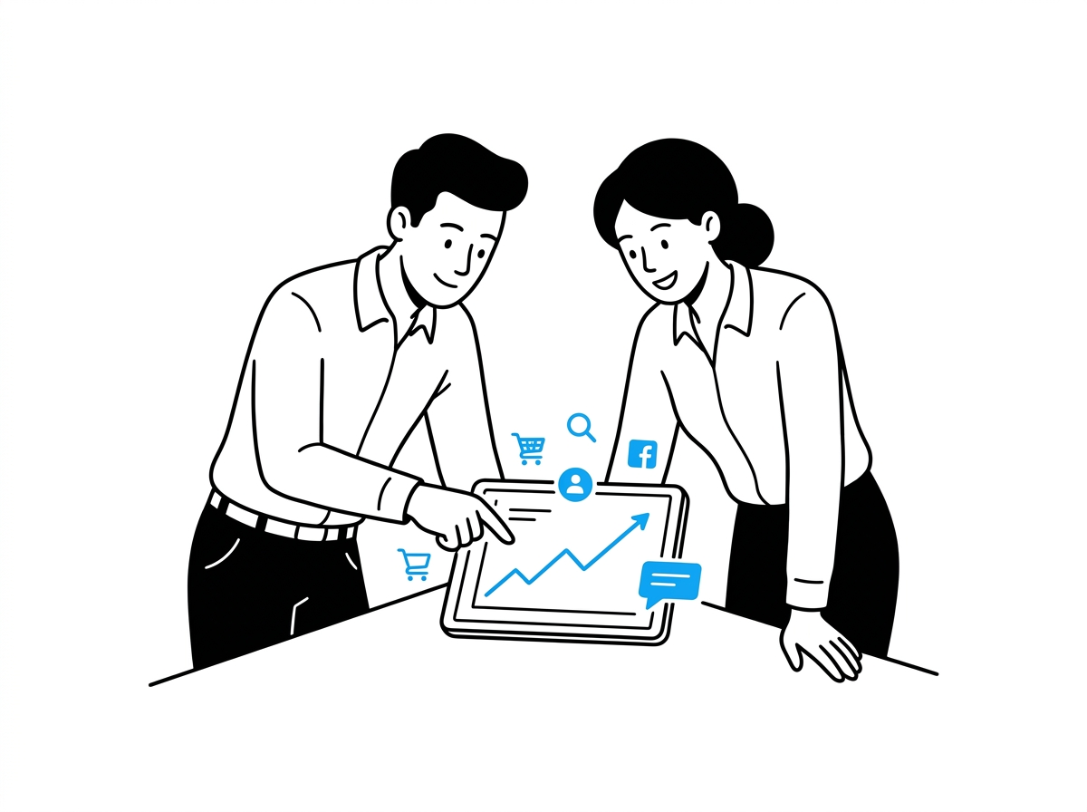 Two coworkers reviewing a rising ROAS chart on a tablet with ad-network icons