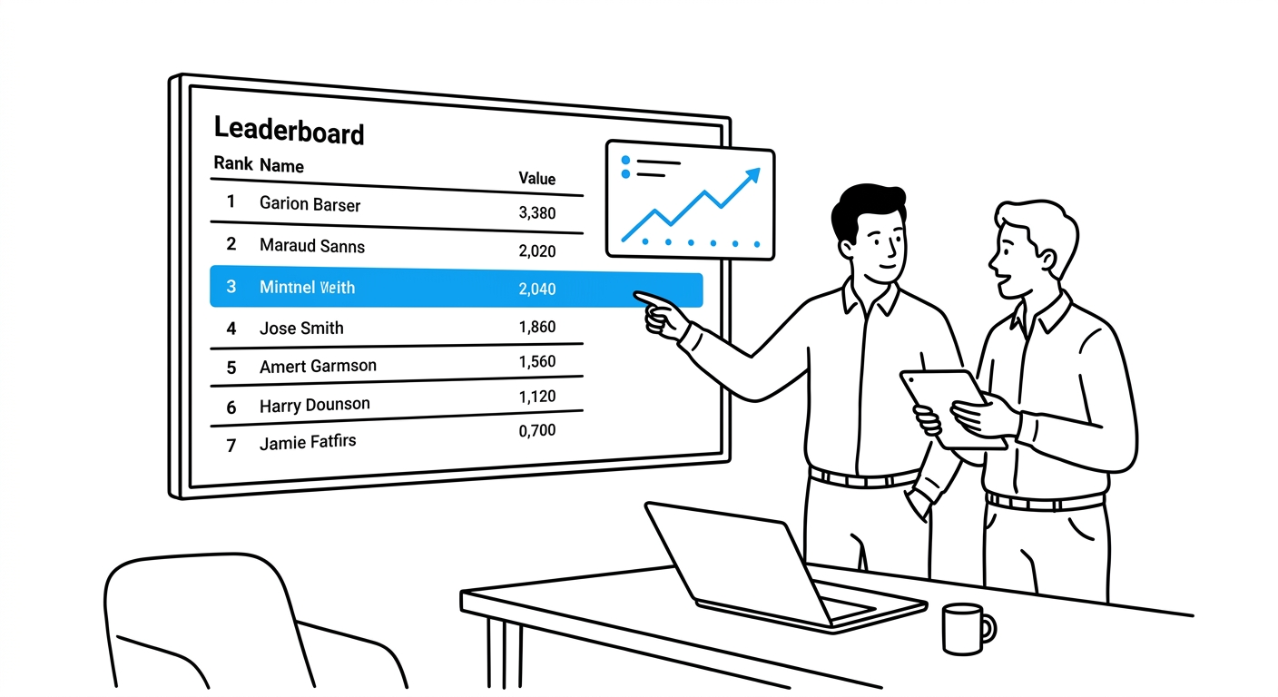 Two coworkers reviewing a Rank leaderboard and growth chart on a wall screen